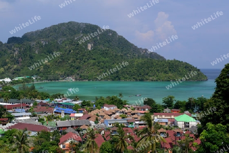 The view from the Viewpoint on the Town of Ko PhiPhi on Ko Phi Phi Island outside of the City of Krabi on the Andaman Sea in the south of Thailand. 