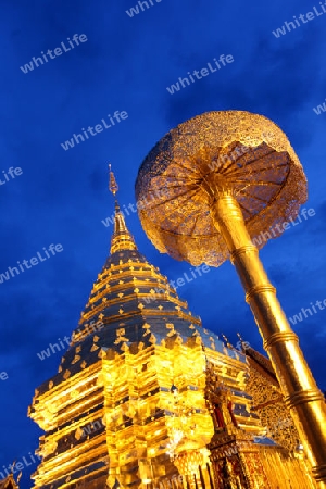 Der Chedi der Tempel Anlage des Wat Phra That Doi Suthep bei Chiang Mai in der Provinz Chiang Mai im Norden von Thailand in Suedostasien.