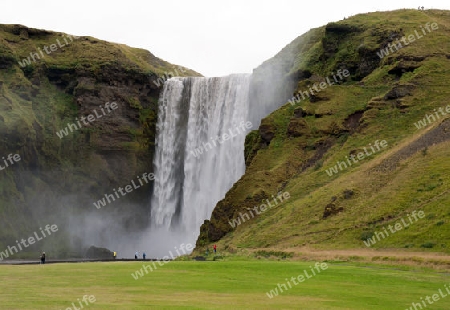 Der S?den Islands, am  malerischen Wasserfall Skogafoss, der hier in einer Breite von 25 Metern bis zu 60 Meter tief ?ber die Flu?kante des Sk?g? herabst?rzt