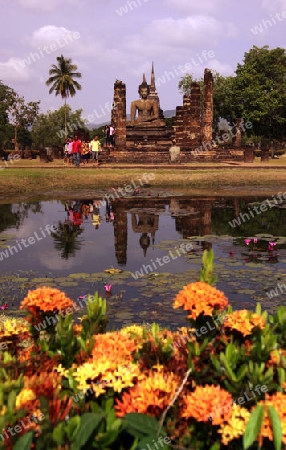 Eine Buddha Figur  im Wat Mahathat Tempel in der Tempelanlage von Alt-Sukhothai in der Provinz Sukhothai im Norden von Thailand in Suedostasien.