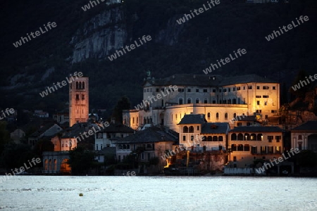 The Isla San Giulio in the Ortasee outside of the Fishingvillage of Orta on the Lake Orta in the Lombardia  in north Italy. 