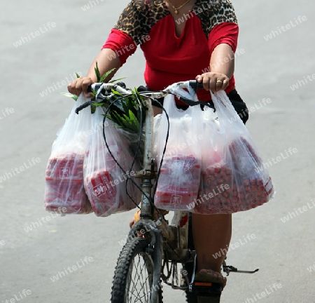 Eine Frau mit Einkaufstaschen beim Bun Bang Fai oder Rocket Festival in Yasothon im Isan im Nordosten von Thailand. 