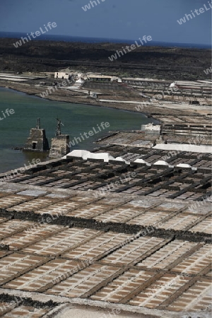 The Salinas in the Laguna of El Charco on the Island of Lanzarote on the Canary Islands of Spain in the Atlantic Ocean.