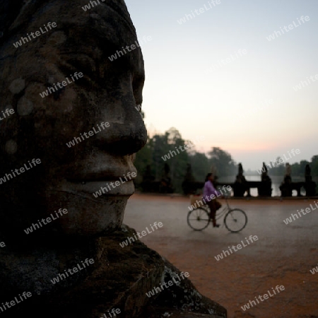 The Bridge at the Angkor Tom Gate in the Temple City of Angkor near the City of Siem Riep in the west of Cambodia.