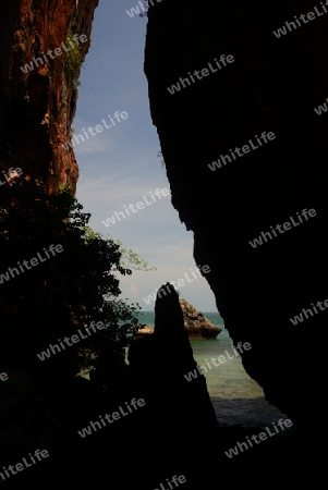 The Hat Phra Nang Beach at Railay near Ao Nang outside of the City of Krabi on the Andaman Sea in the south of Thailand. 