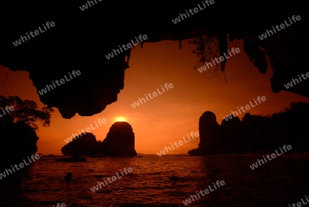 The Hat Phra Nang Beach at Railay near Ao Nang outside of the City of Krabi on the Andaman Sea in the south of Thailand. 