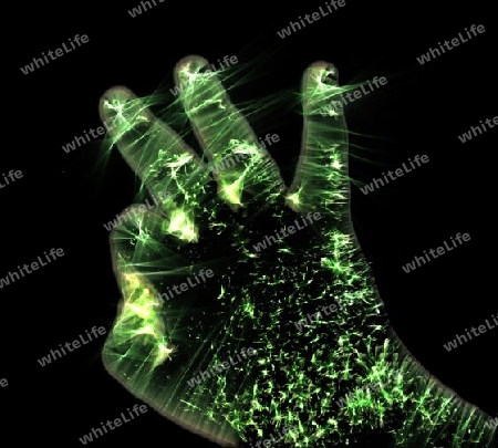 3D-Illustration of a glowing human male hand with a kirlian aura showing different symbols.