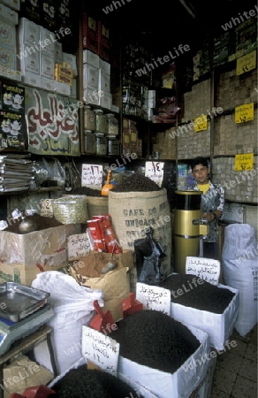 Ein Gewuerzladen auf dem Souq oder Markt in der Medina der Altstadt von Aleppo im Norden von Syrien im Nahen Osten. 