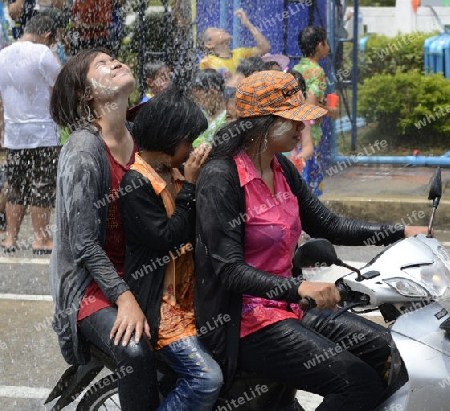 Das Songkran Fest oder Wasserfest zum Thailaendischen Neujahr ist im vollem Gange in Ayutthaya noerdlich von Bangkok in Thailand in Suedostasien.  