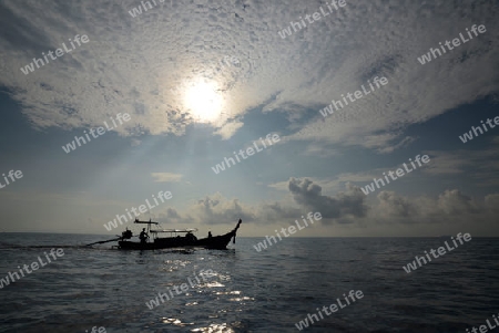 a Boat on the way to Maya Beach  near the Ko Phi Phi Island outside of the City of Krabi on the Andaman Sea in the south of Thailand. 