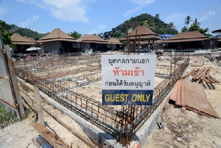 A Hotel is in construction in the Town of Ko PhiPhi on Ko Phi Phi Island outside of  the City of Krabi on the Andaman Sea in the south of Thailand. 