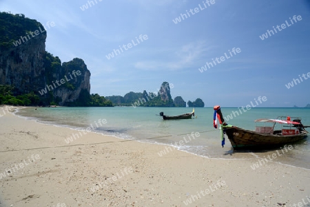 The Hat Tom Sai Beach at Railay near Ao Nang outside of the City of Krabi on the Andaman Sea in the south of Thailand. 