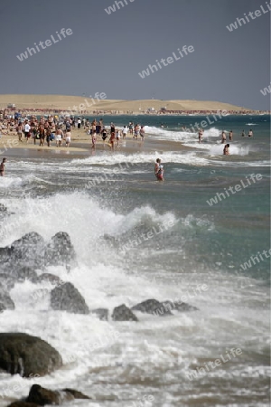 the Beach at the Playa des Ingles in town of Maspalomas on the Canary Island of Spain in the Atlantic ocean.