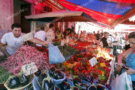 the fegetable and food Market in the old Town of Catania in Sicily in south Italy in Europe.