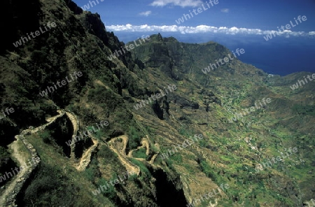 the landscape near the village Ponta do Sol near Ribeira Grande on the Island of Santo Antao in Cape Berde in the Atlantic Ocean in Africa.