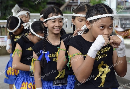 Kinder bei einer traditionellen Thai Box Show im Santichaiprakan Park am Mae Nam Chao Phraya in der Hauptstadt Bangkok von Thailand in Suedostasien.