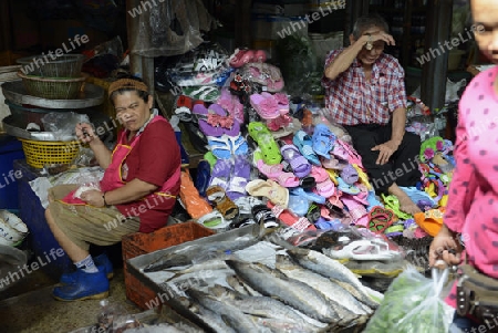 the food market at the Maeklong Railway Markt at the Maeklong railway station  near the city of Bangkok in Thailand in Suedostasien.