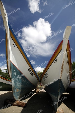 Suedamerika, Karibik, Venezuela, Isla Margarita, Pedro Gonzalez, Playa Pedro Gonzalez, Beach, Strand, Bucht, Fischerdorf, Fischerboot, Holzboot, Traumstrand, Idylle, Landschaft