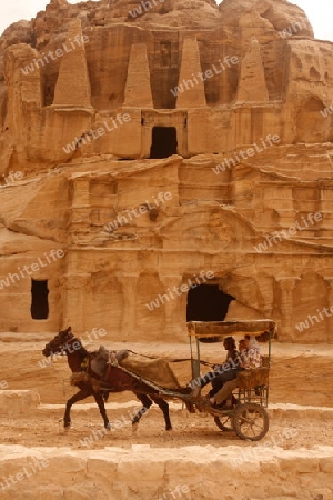 the Bab as Siq street with the Obelisk Tomb and the Bab as Siq Triclinium in the Temple city of Petra in Jordan in the middle east.