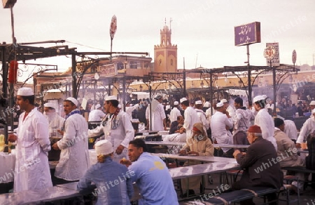 The Streetfood and Nightlife at the Djemma del Fna Square in the old town of Marrakesh in Morocco in North Africa.
