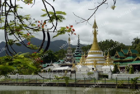 Der Tempel Wat Jong Kham und Jong Klang am See Nong Jong Kham im Dorf Mae Hong Son im norden von Thailand in Suedostasien.