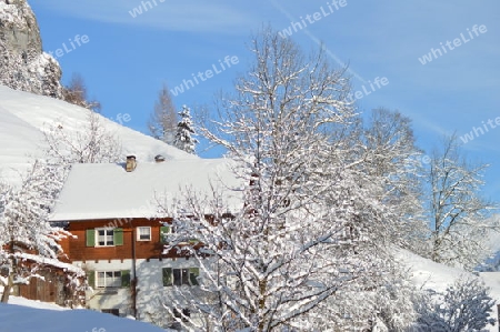 Verschneites Haus in den Bergen