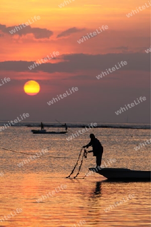 Die Kueste mit Booten in der Seegrass Plantage auf der Insel Nusa Lembongan der Nachbarinsel von Bali, Indonesien.