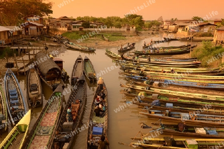 the Boat landing Pier at the Nan Chaung Main Canal in the city of Nyaungshwe at the Inle Lake in the Shan State in the east of Myanmar in Southeastasia.