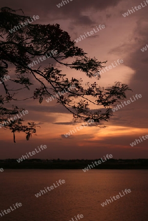 Die Landschaft des Grenzfluss Mekong River in Stadt Savannahet in zentral Laos an der Grenze zu Thailand in Suedostasien.