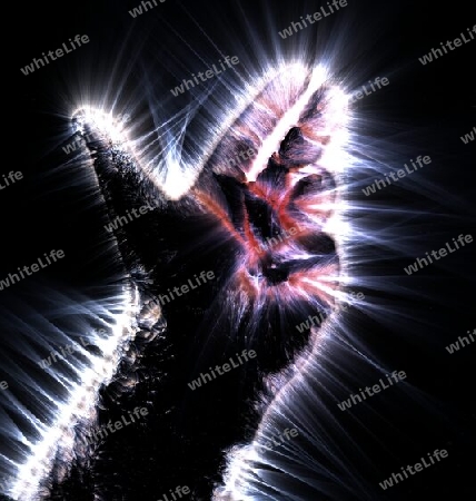 3D-Illustration of a glowing human male hand with a kirlian aura showing different symbols.