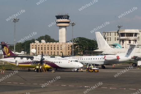 the yangon airport in the City of Yangon in Myanmar in Southeastasia.