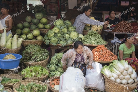  a Street fegetable and Food market in the City of Mandalay in Myanmar in Southeastasia.