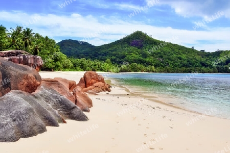 Sunny day beach view on the paradise islands Seychelles.