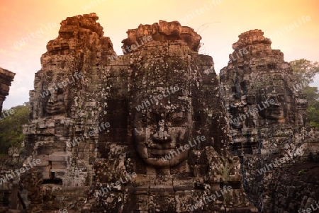 Stone Faces the Tempel Ruin of Angkor Thom in the Temple City of Angkor near the City of Siem Riep in the west of Cambodia.