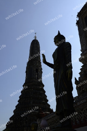 Die Tempelanlage des Wat Arun am Mae Nam Chao Phraya River in der Hauptstadt Bangkok von Thailand in Suedostasien.