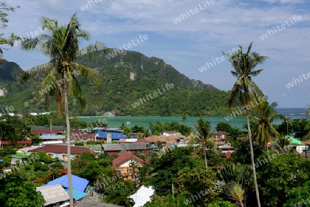 The view from the Viewpoint on the Town of Ko PhiPhi on Ko Phi Phi Island outside of the City of Krabi on the Andaman Sea in the south of Thailand. 