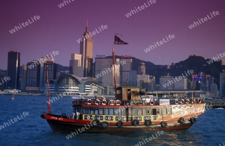 a traditional Boat in the harbour of Kowloon in Hong Kong in the south of China in Asia.