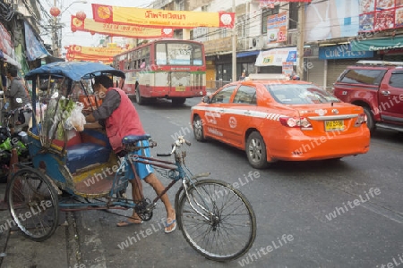 Bicycle Ricksha Taxis at the morning Market in Nothaburi in the north of city of Bangkok in Thailand in Southeastasia.