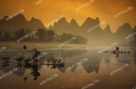 the landscape at the Li River near Yangshou near the city of  Guilin in the Province of Guangxi in china in east asia. 