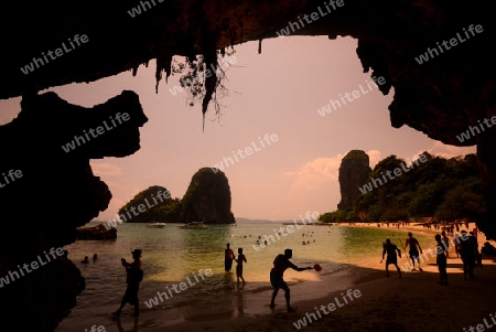 The Hat Phra Nang Beach at Railay near Ao Nang outside of the City of Krabi on the Andaman Sea in the south of Thailand. 