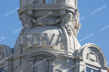 the bbva bank in the old town of Ribeira in the city centre of Porto in Porugal in Europe.