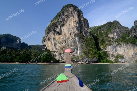 The Hat Tom Sai Beach at Railay near Ao Nang outside of the City of Krabi on the Andaman Sea in the south of Thailand. 