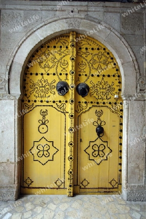 Eine Tuer in einer  Gasse im Souq oder Bazzar in der Altstadt  von Tunis am Mittelmeer in Tunesien in Nordafrika..