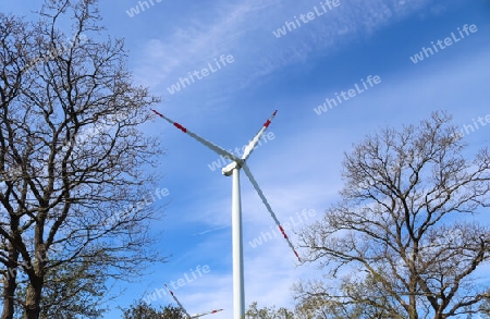 Panoramic view on alternative energy wind mills in a windpark