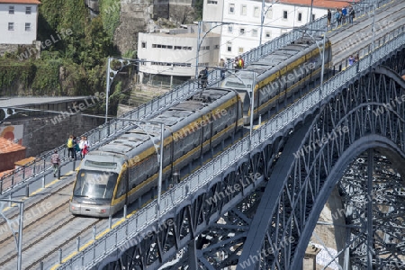 the Ponte de Dom Luis 1 at the old town on the Douro River in Ribeira in the city centre of Porto in Porugal in Europe.