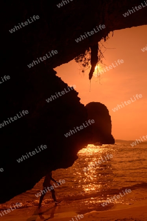 The Hat Phra Nang Beach at Railay near Ao Nang outside of the City of Krabi on the Andaman Sea in the south of Thailand. 