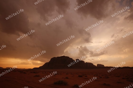 The Landscape on evening in the Wadi Rum Desert in Jordan in the middle east.