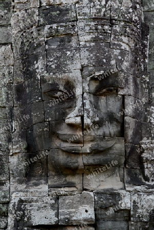 Stone Faces the Tempel Ruin of Angkor Thom in the Temple City of Angkor near the City of Siem Riep in the west of Cambodia.