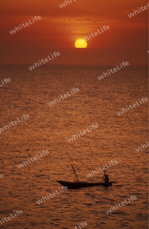 Ein Segelschiff faehrt bei Sonnenuntergang an der Altstadt in Stone Town vorbei, dies in der Hauptstadt Zanzibar Town auf der Insel Zanzibar welche zu Tansania gehoert.         