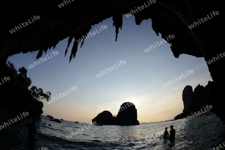 The Hat Phra Nang Beach at Railay near Ao Nang outside of the City of Krabi on the Andaman Sea in the south of Thailand. 